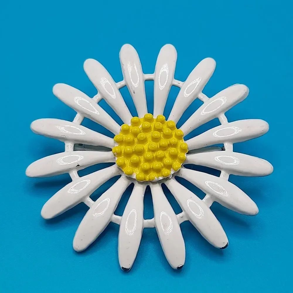 Vintage White Yellow Enamel Daisy Brooch, 1960s Flower Power, 2 Inches